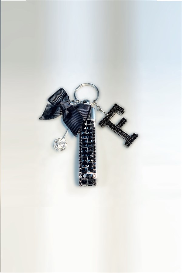 Siyah Bagetli Anahtarlık & Siyah F Harf & Gümüş Minik Top & Siyah Kurdela