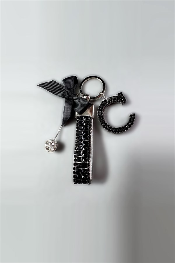 Siyah Bagetli Anahtarlık & Siyah C Harf & Gümüş Minik Top & Siyah Kurdela